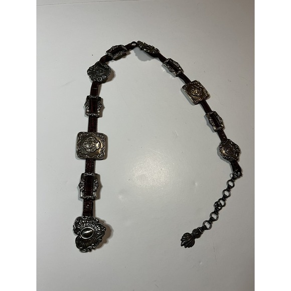 Brighton Accessories - Brighton Concho Belt M Brown Leather Silver-Tone Medallion Western Vintage 1993